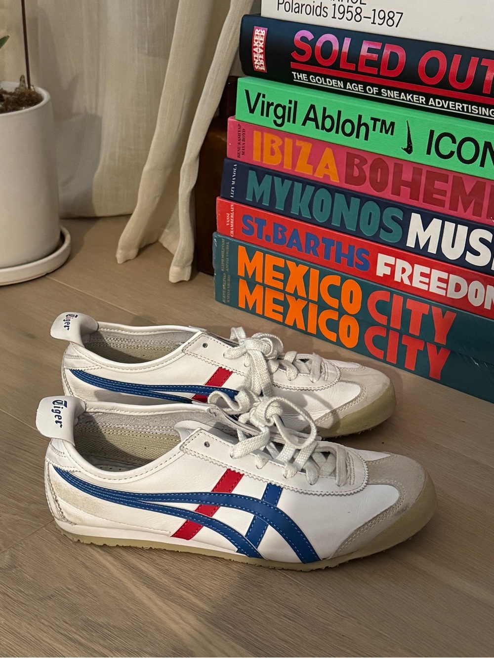 Onitsuka Tiger by Asics White Sneakers with Blue and Red Stripes